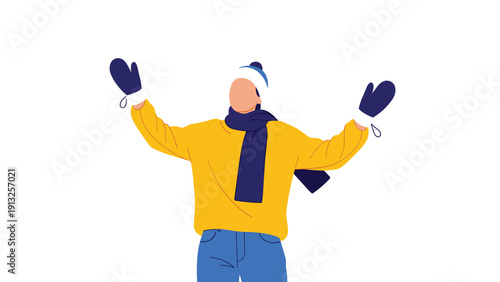 Silhouette of a person wearing a yellow sweater blue scarf and mittens standing with arms wide open in a happy pose.