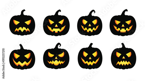 Collection of eight dark jack-o-lantern silhouettes with glowing yellow eyes and mouths offers spooky variety for halloween.