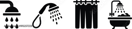 Bathroom shower and bathing silhouettes set featuring shower heads curtain and bathtub water icons isolated on white background vector illustration