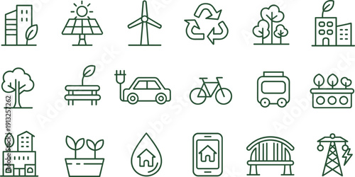 Green sustainable energy and eco city line icon set with renewable power, recycling, transport and smart home symbols