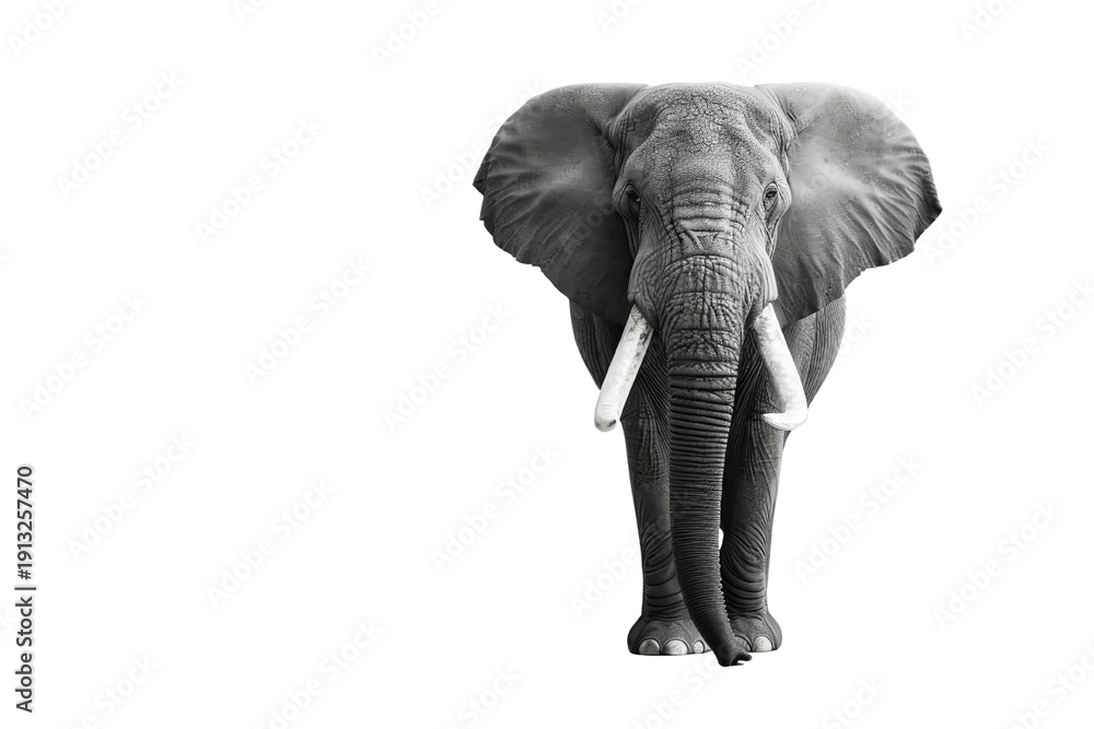 Fototapeta premium Detailed image of an elephant standing proudly with tusks exposed, ideal for wildlife-themed projects, isolated on white background.