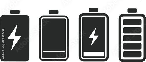 Battery charge level icons set featuring full empty and charging symbols power energy status indicators flat design vector illustration