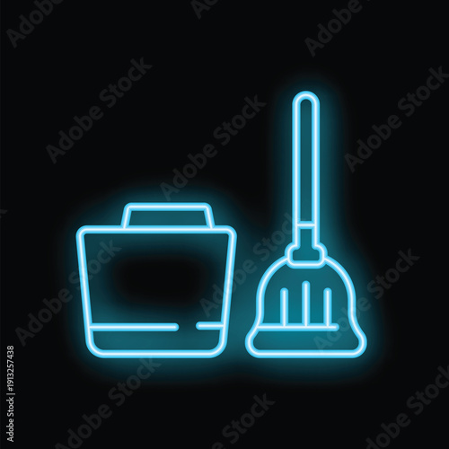Blue neon sign depicting cleaning supplies, perfect for any business looking to add a retro touch