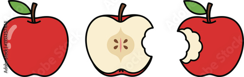 Cute Cartoon Red Apple Sequence Vector with Whole Half and Bitten Stages for Healthy Eating Nutrition Education and Fruit Illustration Projects