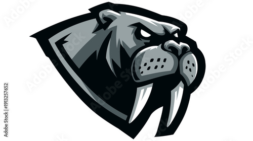 A stylized animal head, black and grey, with menacing eyes and large tusks, on a white background