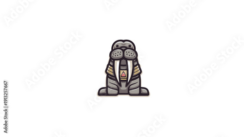 A cartoon-style walrus with large tusks and a patterned tunic sits on a plain white backdrop