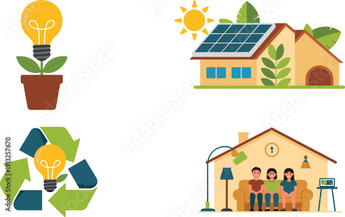 Green sustainable living concept illustration with solar house, recycling symbol, eco light bulb and energy saving family