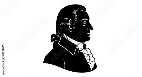 Black silhouette of a man in 18th century attire with powdered wig and ruffled collar on white background
