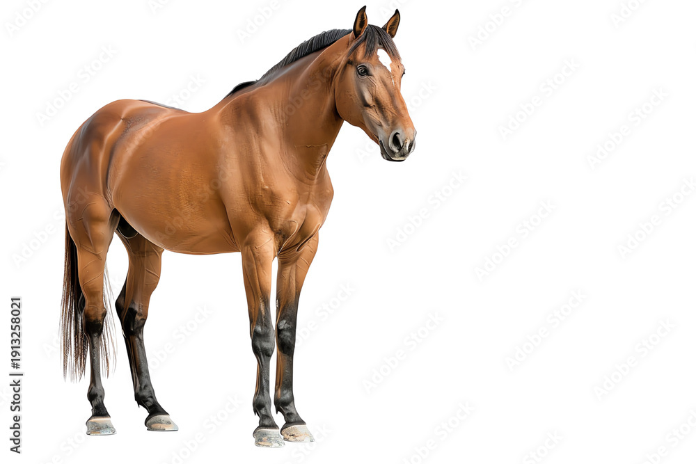 Obraz premium A beautiful brown horse standing gracefully against a white isolated background.