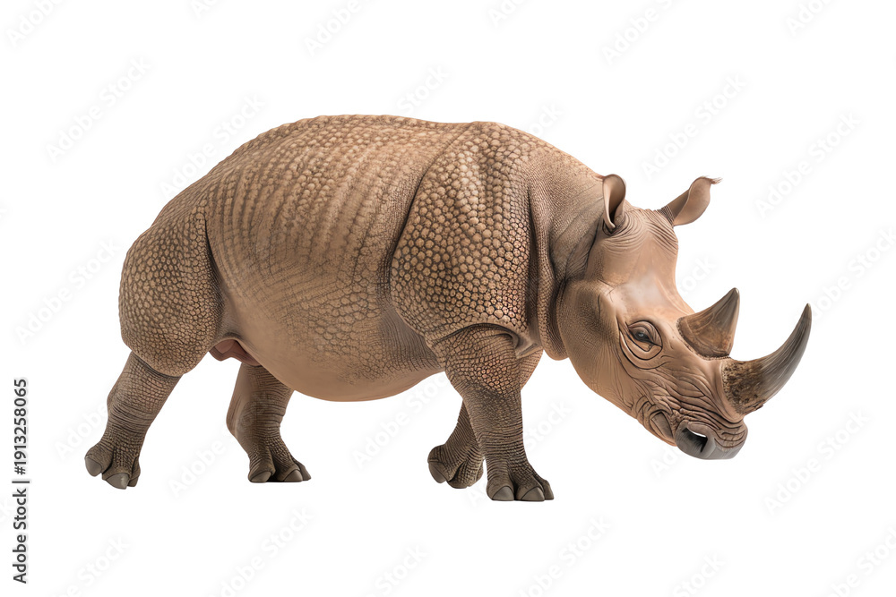 Fototapeta premium A detailed sculpture of a rhinoceros against a white isolated background.