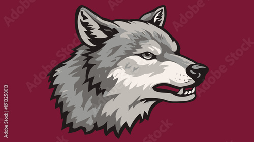A grayscale wolf head illustration against a maroon backdrop, with sharp details and a fierce expression