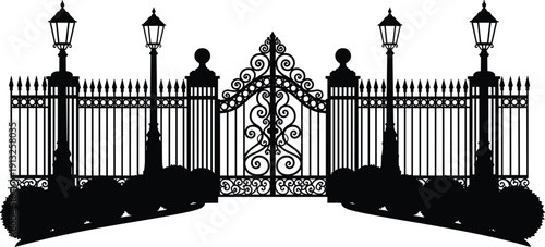 Ornate wrought iron gate silhouette with lamps and fence isolated black vector illustration for luxury estate entrance garden architecture design