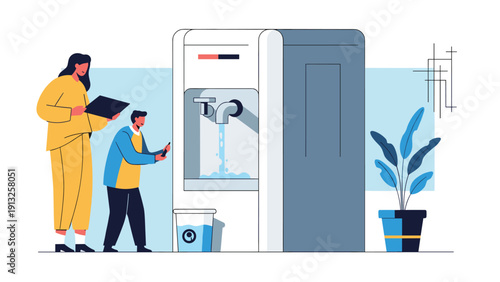 Two technicians inspect a large industrial water dispenser machine with digital tablets to ensure clean water supply.