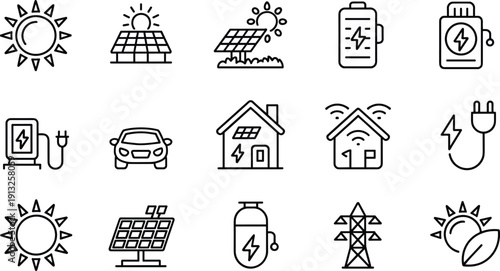 Renewable solar energy and electric power line icon set with battery, smart home, EV charging and grid symbols