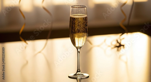 Bubbly champagne flute with golden light reflections