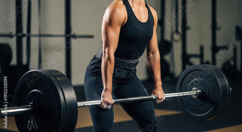 Woman performing deadlift in gym with barbell