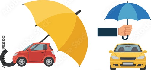 Car Insurance Protection Concept Illustration Showing Umbrella Shielding Vehicle from Risk, Damage, and Accidents for Auto Insurance, Finance, and Safety Design