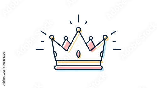 Sparkling golden crown with pink jewels and shining lines represents royalty and leadership in a minimalist style.