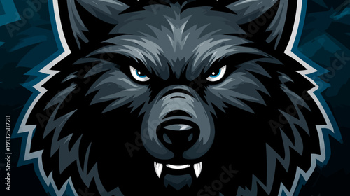 A close-up digital illustration of a wolf's fierce face, with glowing blue eyes, and snarling teeth