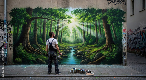 Artist painting vibrant forest mural on city wall