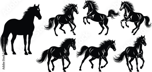 Running horse silhouette collection showing wild stallion poses in motion isolated black vector illustration for animal nature western branding