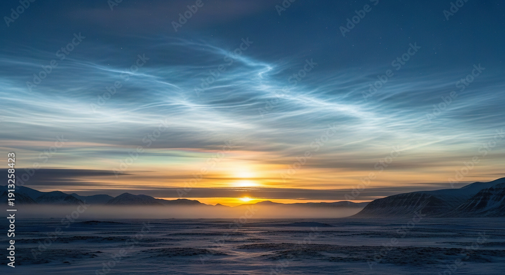 Fototapeta premium Northern Lights Over Snow-Covered Mountain Range at Sunrise