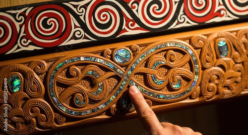 Intricately Carved Wooden Panel with Mosaic Inlays