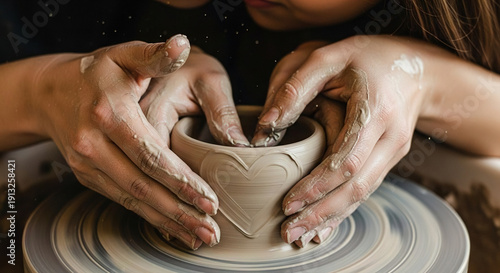 Hands shaping pottery on a wheel
