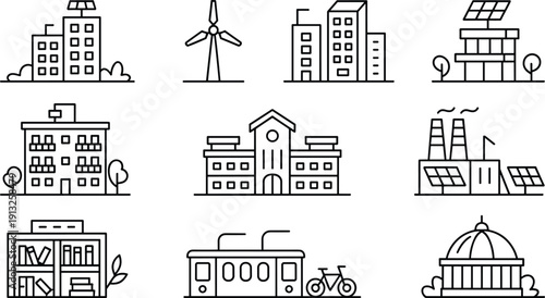 Smart city and sustainable urban infrastructure line icon set with buildings, transport, renewable energy and public facilities