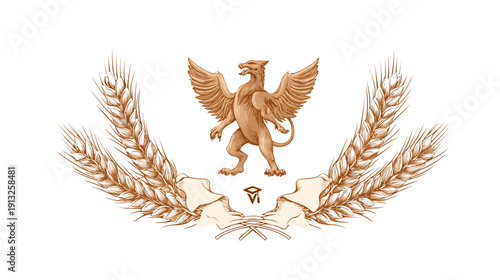 A heraldic illustration showcasing a griffin, wheat, ribbons, and a symbol on a white background