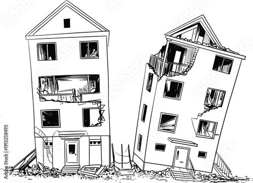 Damaged residential buildings leaning after earthquake disaster cracked houses rubble destruction urban catastrophe structural failure emergency scene illustration vector drawing