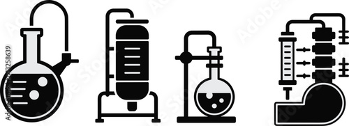 Chemical laboratory equipment icons set featuring flasks distillation columns reactors and piping systems black flat vector illustration for science industry