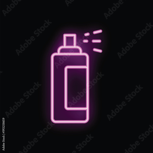 Neon spray bottle icon glowing on dark background with copy space