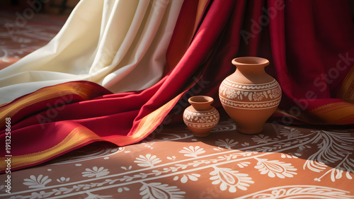 Beautiful ethnic fabric, pottery, and floor art in artistic setting.