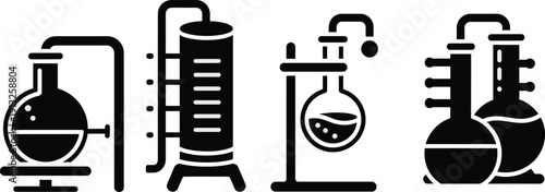 Chemical laboratory process icons set showing flasks reactors distillation columns and experimental apparatus black flat vector illustration for science industry