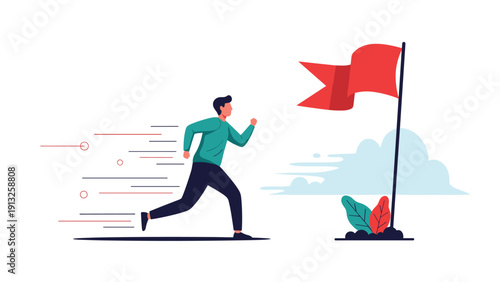 Determined man runs fast toward a red flag at the finish line to symbolize goal setting and personal achievement.