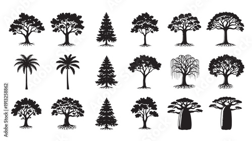 Set of 20 Black Tree Silhouettes Vector
