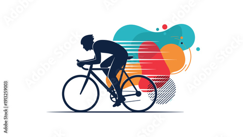 Dark silhouette of a professional cyclist leaning forward while riding at high speed with abstract motion trails.