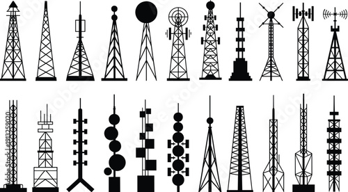 Communication tower silhouettes collection featuring radio cellular and broadcast antennas black vector illustration isolated on white background for technology design