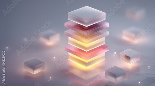 Vertical stack of semi-transparent glowing square layers with scattered blocks for digital architecture and data stratification concept. Illustrates information hierarchy, cloud storage infrastructure