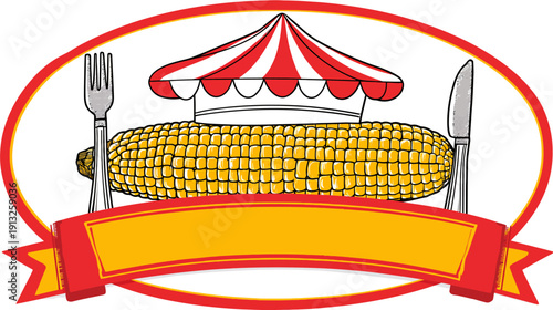 A cartoon image of corn on the cob, with a circus tent top and cutlery on an oval frame