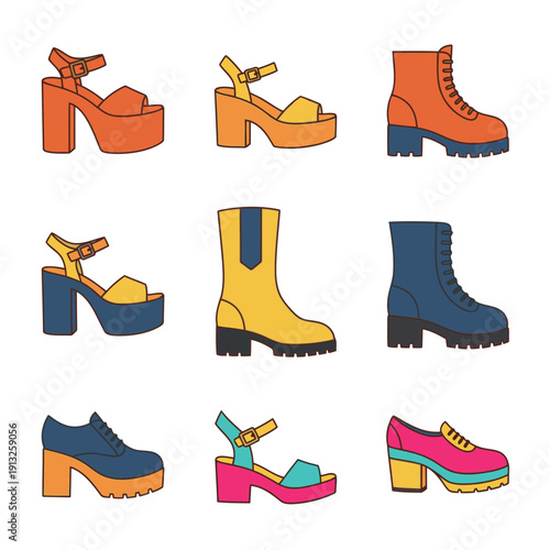 A collection of nine colorful, stylized illustrations of various women's footwear, including sandals and boots.