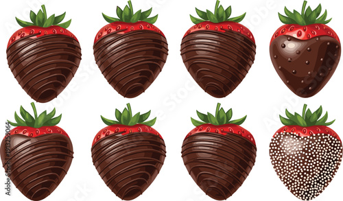 Chocolate covered strawberry set illustration with assorted chocolate coatings, gourmet dessert treats isolated on white background realistic food design
