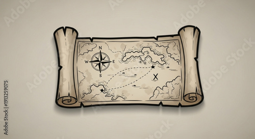 Vintage treasure map on parchment scroll with compass and markings on beige background