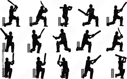 Cricket batsman silhouette collection showing multiple batting shots stances and match actions isolated black vector illustration for sports training design