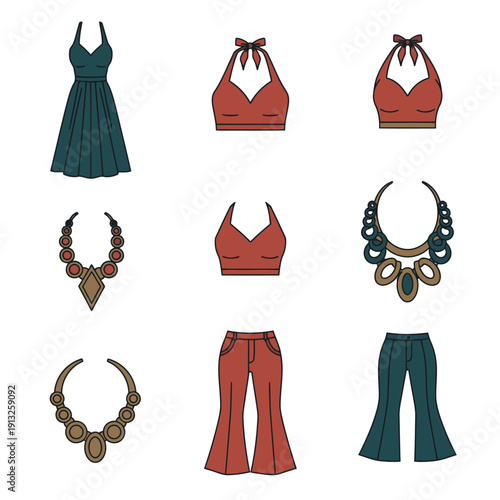 A collection of women's fashion items including dresses, tops, necklaces, and pants.