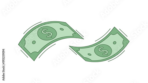 Two green banknotes with dollar signs float gracefully through the air suggesting prosperity and money transactions.