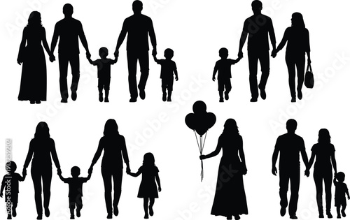 Family silhouette set showing parents and children walking together isolated black vector illustration for lifestyle concept parenting love unity design