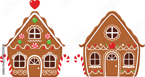 Cute gingerbread houses with candy decorations festive Christmas cookie home illustration isolated on white background for holiday greeting card design