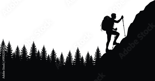 Mountain climber silhouette illustration showing hiker ascending steep cliff with backpack isolated black vector design for adventure outdoor travel branding
